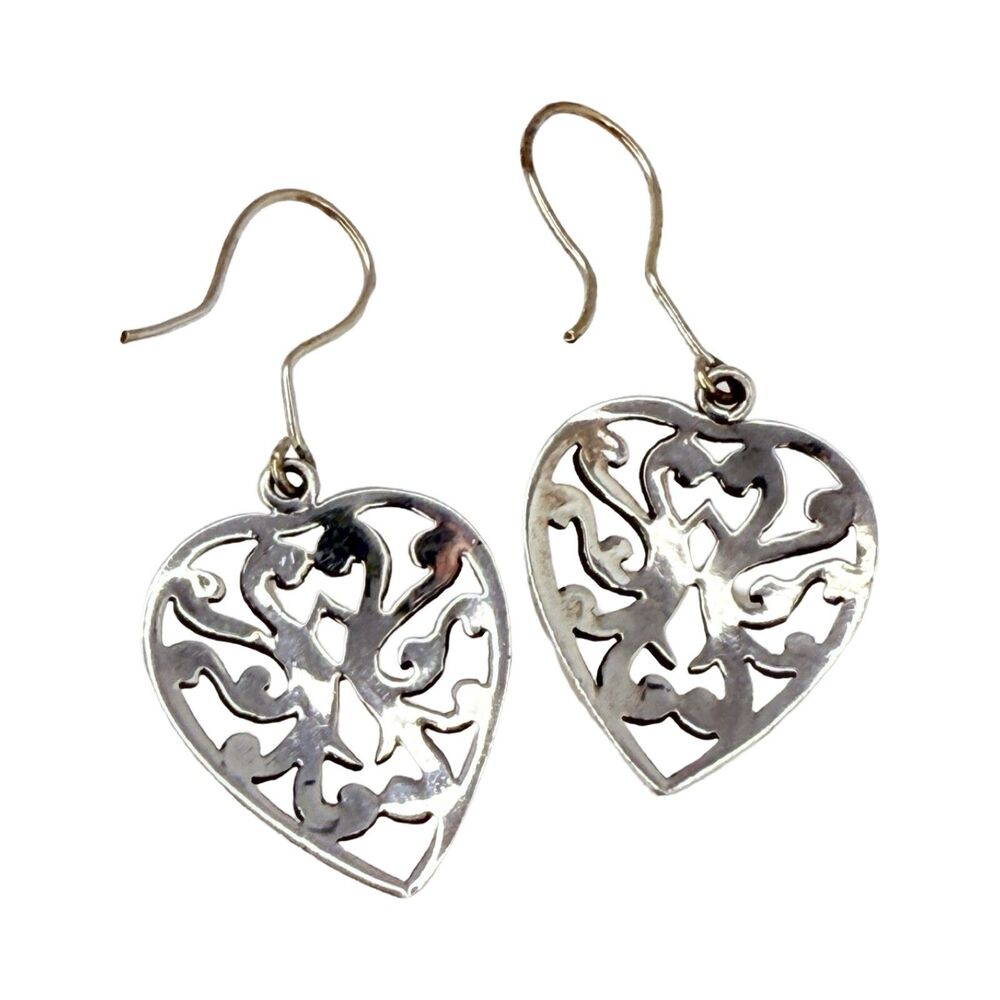 925 Sterling Silver Heart Earrings 1.5" Dangle Drop Filagree Valentine Love